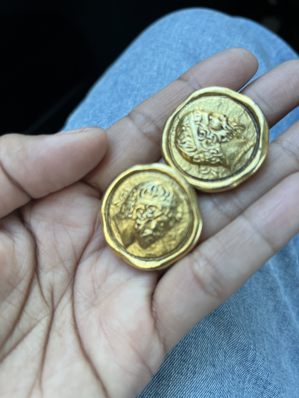 Gold Tone Coin Medallion Earrings - Sculpted Face Motif